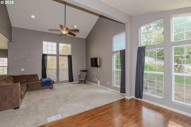 356 Wild Fern Dr, Winchester, OR 97495 - unfurnished living room featuring high vaulted ceiling, a ceiling fan, healthy amount of natural light, wood finished floors, and baseboards