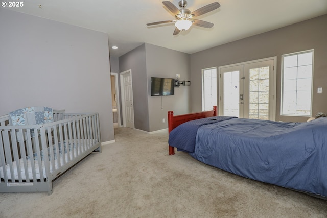 356 Wild Fern Dr, Winchester, OR 97495 - carpeted bedroom featuring baseboards, french doors, and ceiling fan