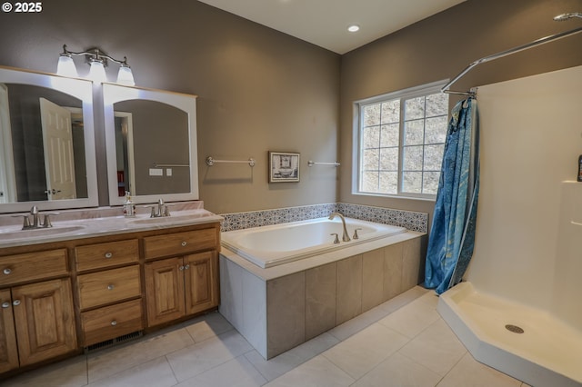 356 Wild Fern Dr, Winchester, OR 97495 - full bathroom featuring a bath, double vanity, a shower with shower curtain, and tile patterned floors