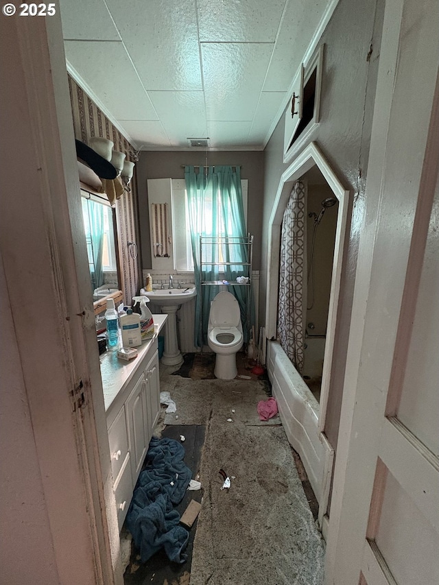 full bathroom featuring a healthy amount of sunlight, shower / bathtub combination with curtain, toilet, and ornamental molding