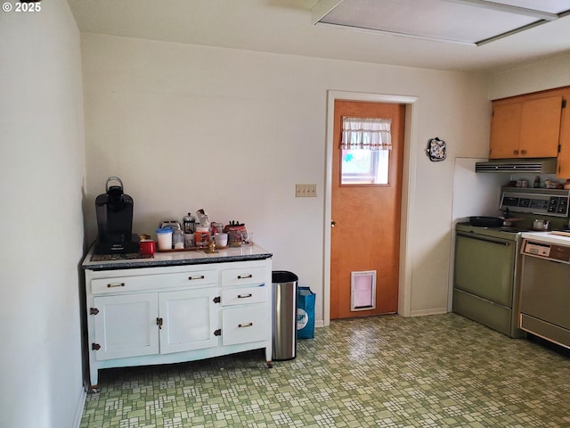 2640 Court Ave, Baker City, OR 97814 - kitchen featuring electric range, dishwashing machine, dark countertops, exhaust hood, and white cabinetry