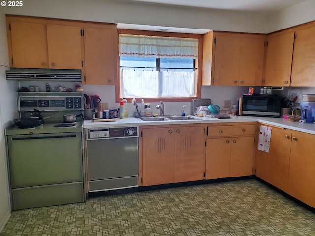 2640 Court Ave, Baker City, OR 97814 - kitchen with dishwasher, stainless steel microwave, electric range oven, a sink, and light countertops