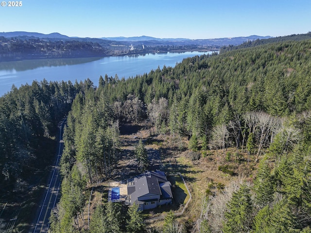 bird's eye view featuring a water and mountain view