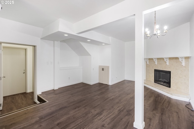 505/515 Empress Ave, Eugene, OR 97405 - unfurnished living room featuring dark wood finished floors, a chandelier, recessed lighting, and a fireplace
