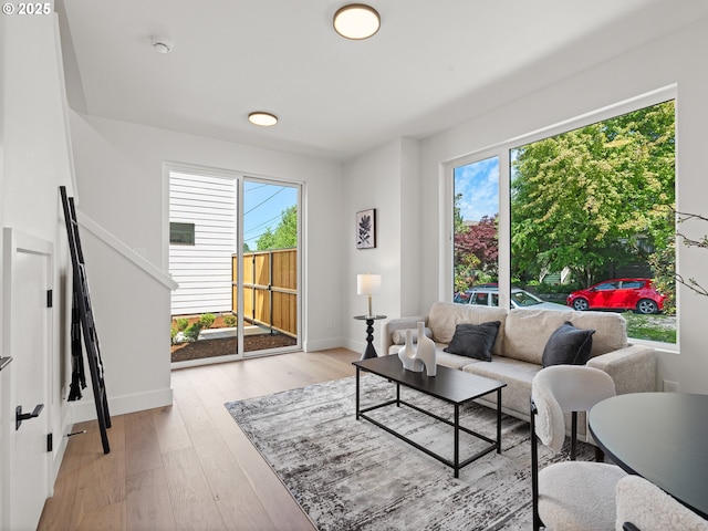 living room featuring light wood finished floors, a wealth of natural light, and baseboards