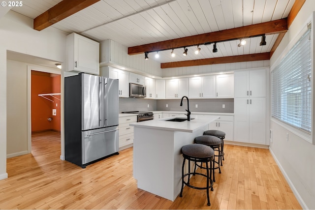 kitchen featuring light wood-type flooring, a sink, tasteful backsplash, appliances with stainless steel finishes, and white cabinets