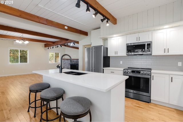 kitchen with tasteful backsplash, open floor plan, beam ceiling, appliances with stainless steel finishes, and a sink