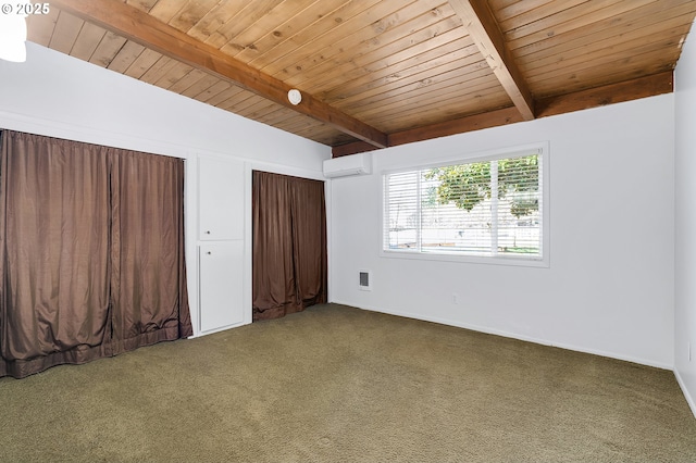 unfurnished bedroom with beam ceiling, an AC wall unit, wooden ceiling, and carpet flooring