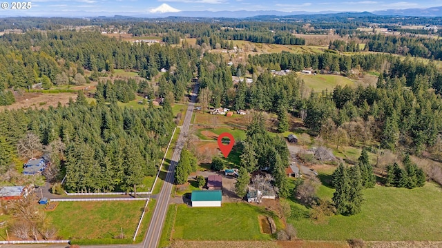 drone / aerial view featuring a mountain view and a forest view