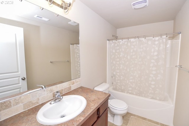 bathroom with toilet, vanity, and shower / bathtub combination with curtain