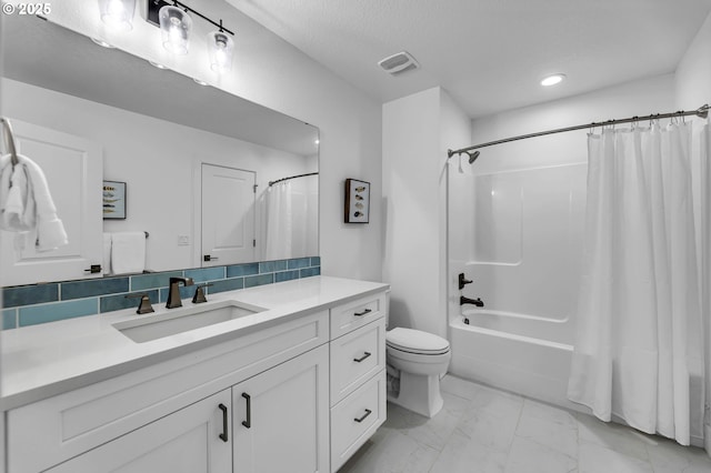 2928 S Harper Valley Way, Ridgefield, WA 98642 - bathroom with visible vents, shower / bath combination with curtain, toilet, vanity, and marble finish floor
