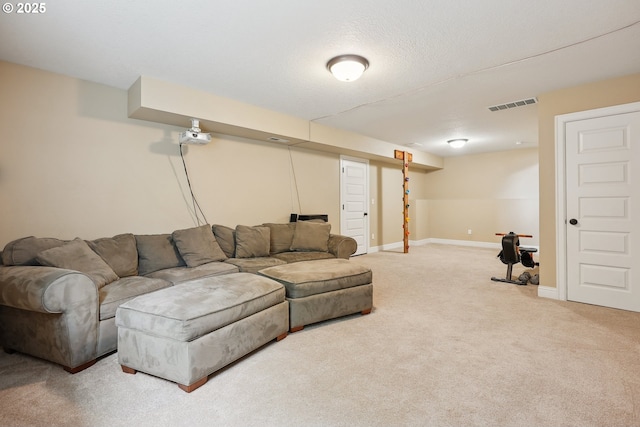 carpeted living area featuring baseboards