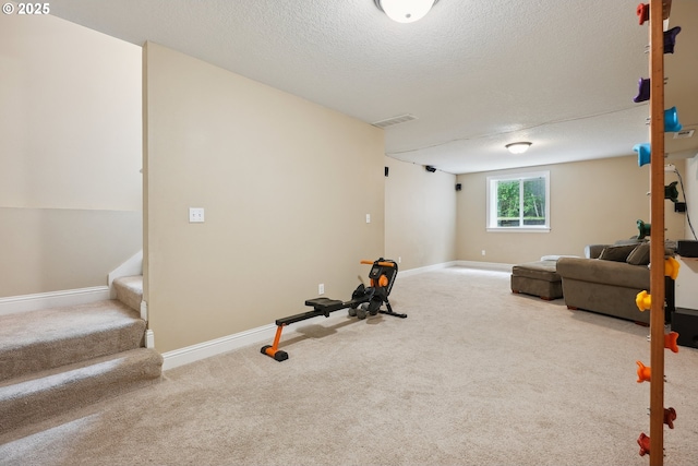 workout area with carpet, baseboards, and a textured ceiling