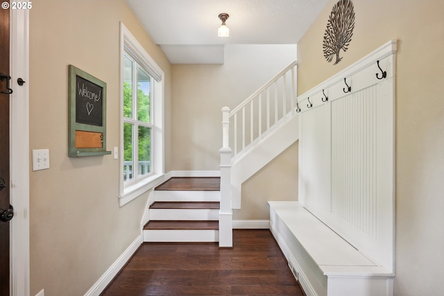 mudroom with dark wood-style flooring and baseboards