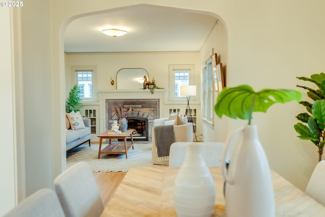 living room featuring wood finished floors, a fireplace, and arched walkways