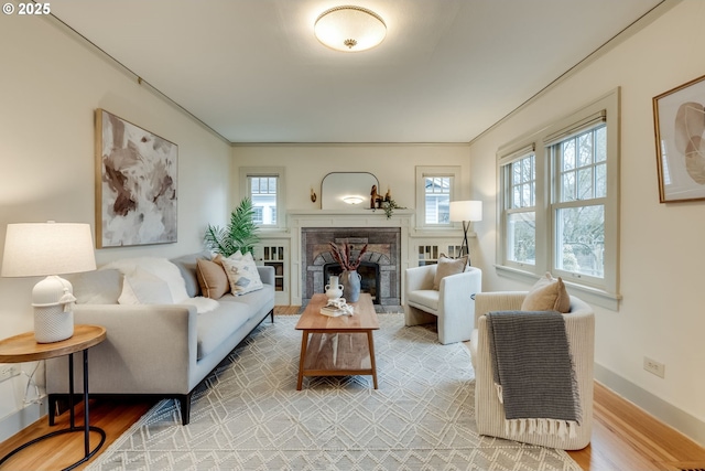 living area with baseboards, ornamental molding, a fireplace, and light wood finished floors