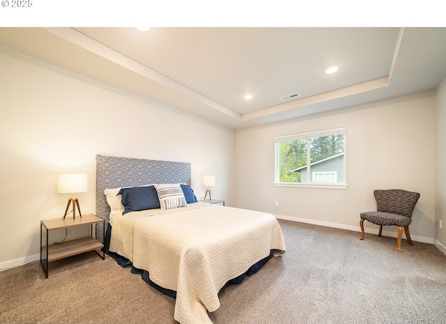 bedroom featuring carpet flooring and a tray ceiling