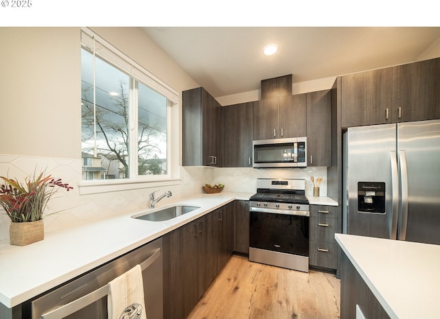 kitchen with dark brown cabinetry, sink, tasteful backsplash, light hardwood / wood-style flooring, and appliances with stainless steel finishes