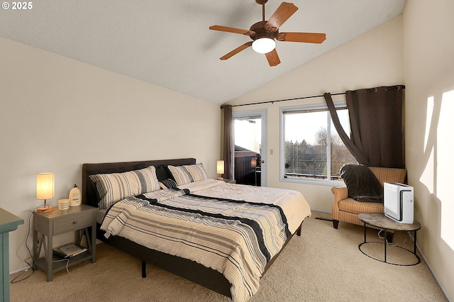 bedroom featuring access to exterior, ceiling fan, carpet flooring, and lofted ceiling