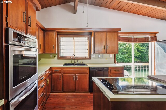 6901 SE Oaks Park Way Unit 1, Portland, OR 97202 - kitchen with a sink, dishwashing machine, wood ceiling, light countertops, and black electric stovetop