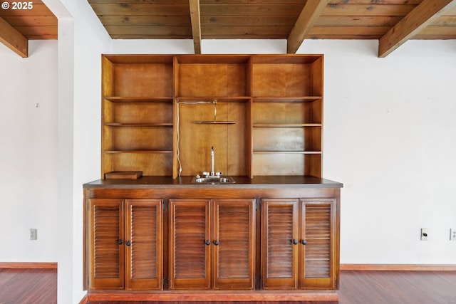 6901 SE Oaks Park Way Unit 1, Portland, OR 97202 - indoor wet bar featuring wood finished floors, wood ceiling with exposed beams, and baseboards