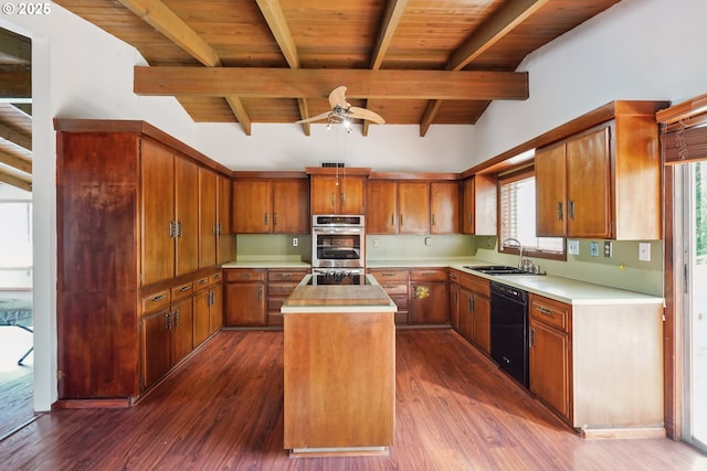6901 SE Oaks Park Way Unit 1, Portland, OR 97202 - kitchen with dishwasher, a sink, wooden ceiling with exposed beams, a kitchen island, and a ceiling fan