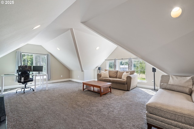 19428 NE 259th St, Battle Ground, WA 98604 - living room featuring carpet floors, a desk, baseboards, vaulted ceiling, and recessed lighting