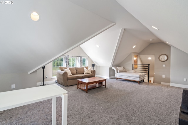 19428 NE 259th St, Battle Ground, WA 98604 - carpeted living area featuring lofted ceiling, baseboards, and recessed lighting