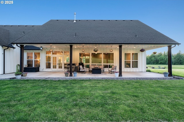 19428 NE 259th St, Battle Ground, WA 98604 - rear view of house featuring french doors, roof with shingles, a patio, and a lawn