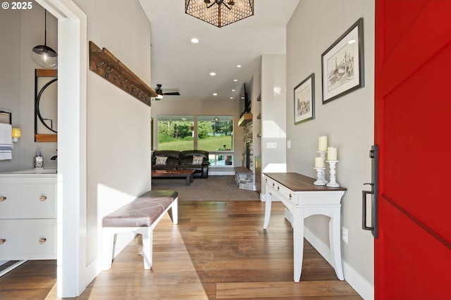 19428 NE 259th St, Battle Ground, WA 98604 - foyer entrance with wood finished floors, recessed lighting, a chandelier, ceiling fan, and baseboards