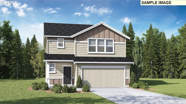 2109 NE 4th Ave, Battle Ground, WA 98604 - view of front of home featuring roof with shingles, board and batten siding, a front yard, and a garage