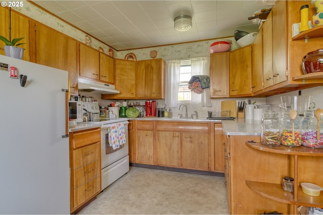 33855 NE Blossom Dr, Scappoose, OR 97056 - kitchen featuring white appliances, under cabinet range hood, open shelves, light countertops, and a sink