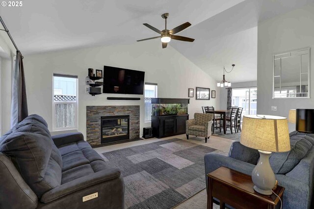 5986 Rombauer Rd, Eugene, OR 97402 - living area featuring a ceiling fan, high vaulted ceiling, and a fireplace