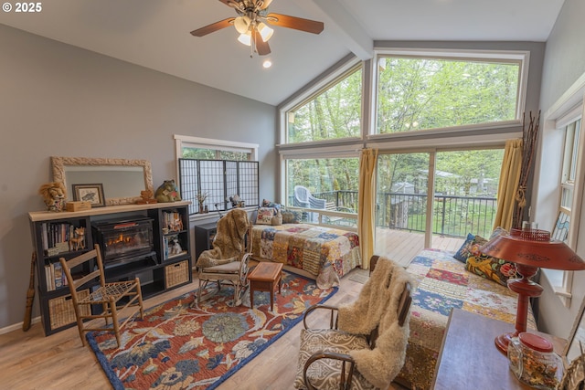 24706 NE Columbia Tie Rd Unit 41/21, Amboy, WA 98601 - bedroom with wood finished floors, beam ceiling, high vaulted ceiling, and multiple windows