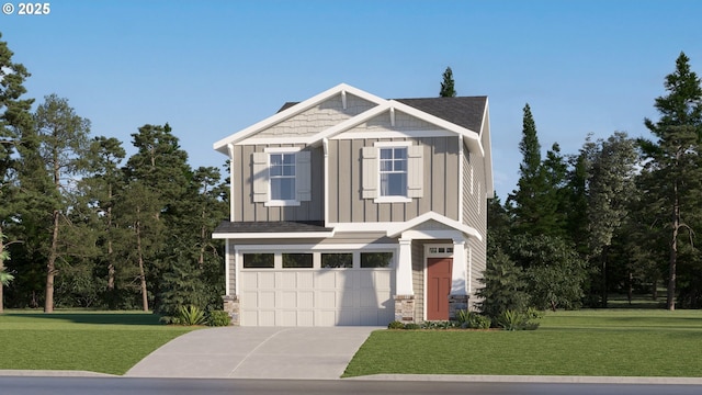 craftsman-style house with driveway, an attached garage, board and batten siding, and a front yard