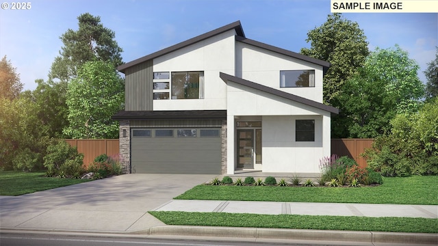 modern home with stone siding, fence, driveway, and an attached garage