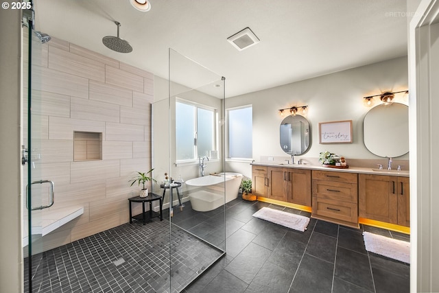 bathroom featuring vanity, separate shower and tub, and tile patterned flooring