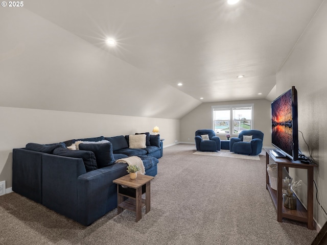 35692 Bella Ridge Loop, Astoria, OR 97103 - carpeted living room with baseboards, vaulted ceiling, and recessed lighting