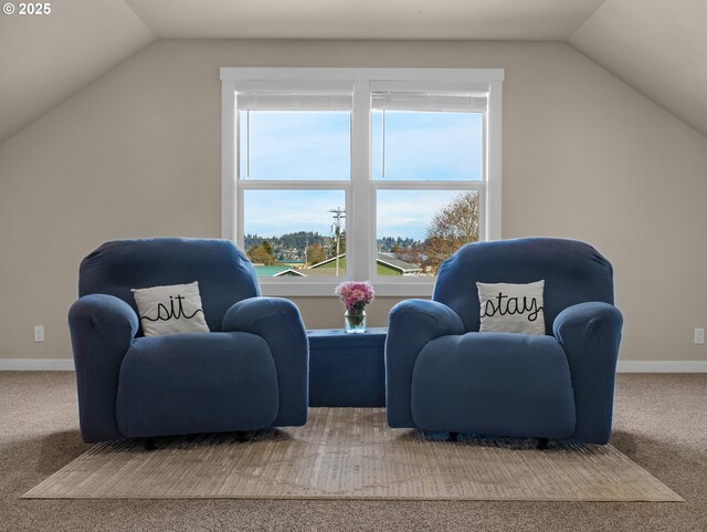35692 Bella Ridge Loop, Astoria, OR 97103 - sitting room featuring baseboards, lofted ceiling, and carpet