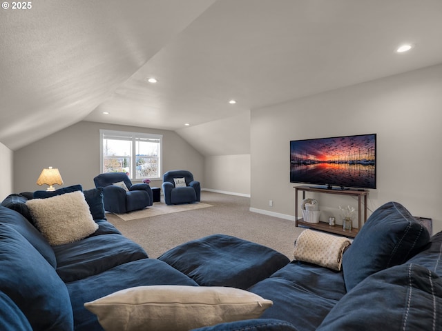 35692 Bella Ridge Loop, Astoria, OR 97103 - living area featuring baseboards, vaulted ceiling, recessed lighting, and carpet flooring
