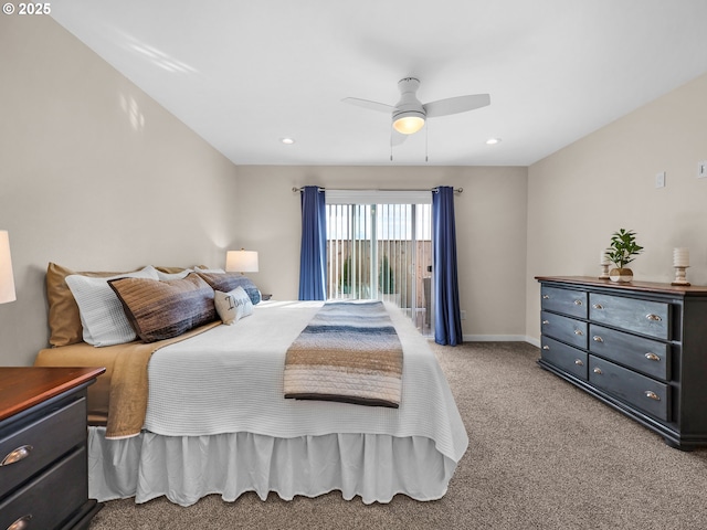 35692 Bella Ridge Loop, Astoria, OR 97103 - bedroom with baseboards, recessed lighting, a ceiling fan, and light carpet
