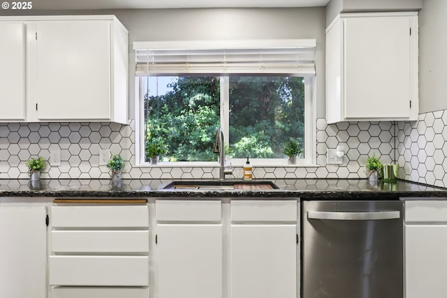 284 N 17th St, Saint Helens, OR 97051 - kitchen featuring stainless steel dishwasher, white cabinetry, tasteful backsplash, and dark stone countertops