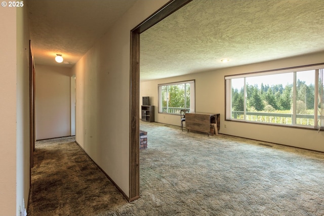 hallway featuring a textured ceiling, visible vents, and carpet