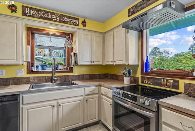 kitchen with white cabinetry, stainless steel electric range oven, black dishwasher, a sink, and ventilation hood