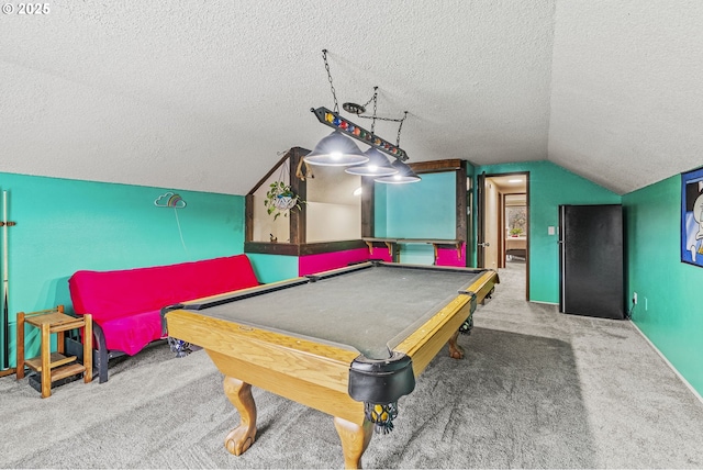 playroom featuring a textured ceiling, carpet flooring, pool table, and lofted ceiling