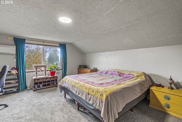 bedroom featuring a textured ceiling, carpet flooring, vaulted ceiling, and a wall mounted air conditioner
