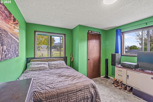 bedroom featuring a textured ceiling and carpet