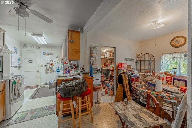 1446 N Collier St, Coquille, OR 97423 - dining room with ceiling fan, light flooring, and a workshop area