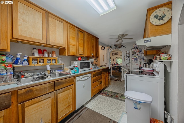 1446 N Collier St, Coquille, OR 97423 - kitchen featuring white dishwasher, ceiling fan, under cabinet range hood, stove, and light countertops