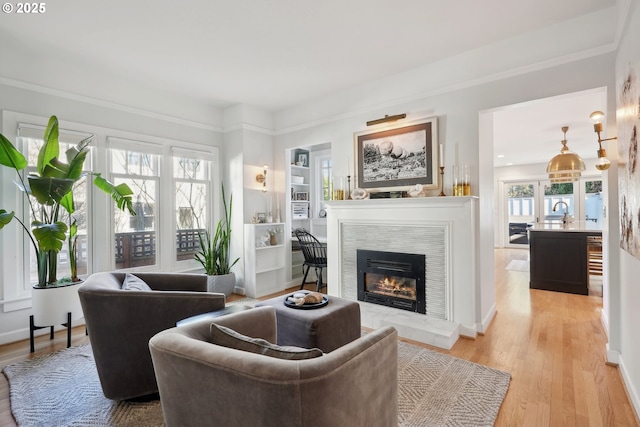 living room with a tiled fireplace, a healthy amount of sunlight, and light wood-type flooring